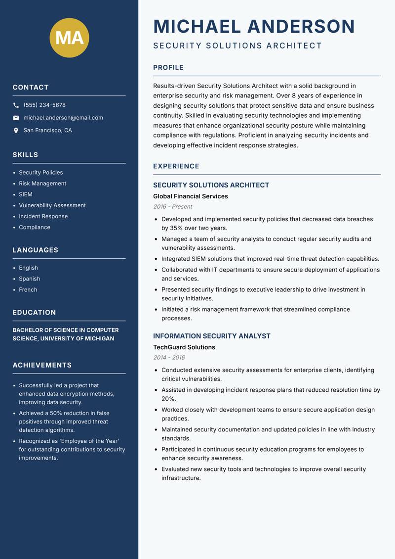 Security Solutions Architect resume sample — Security Solutions Architect focus
