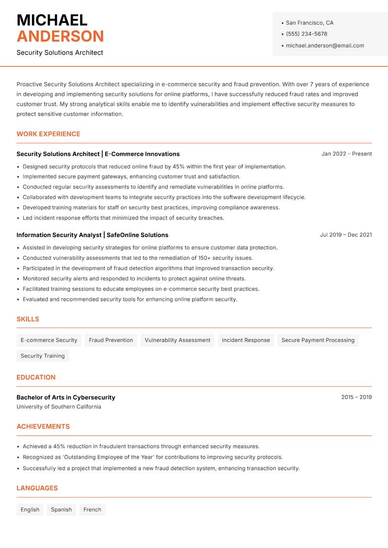 Security Solutions Architect resume sample — Security Solutions Architect focus