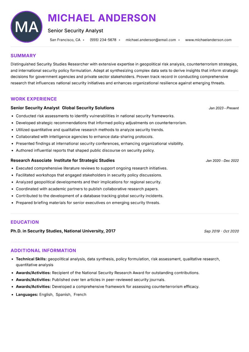 Security Studies Researcher resume example