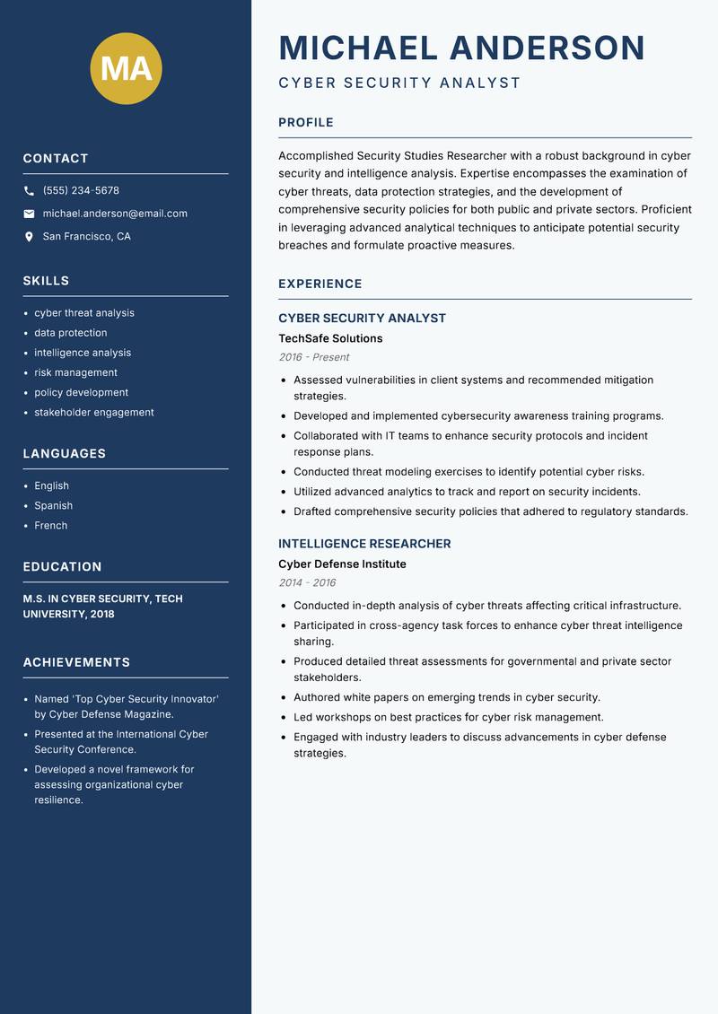 Security Studies Researcher resume sample — Cyber Security Analyst focus