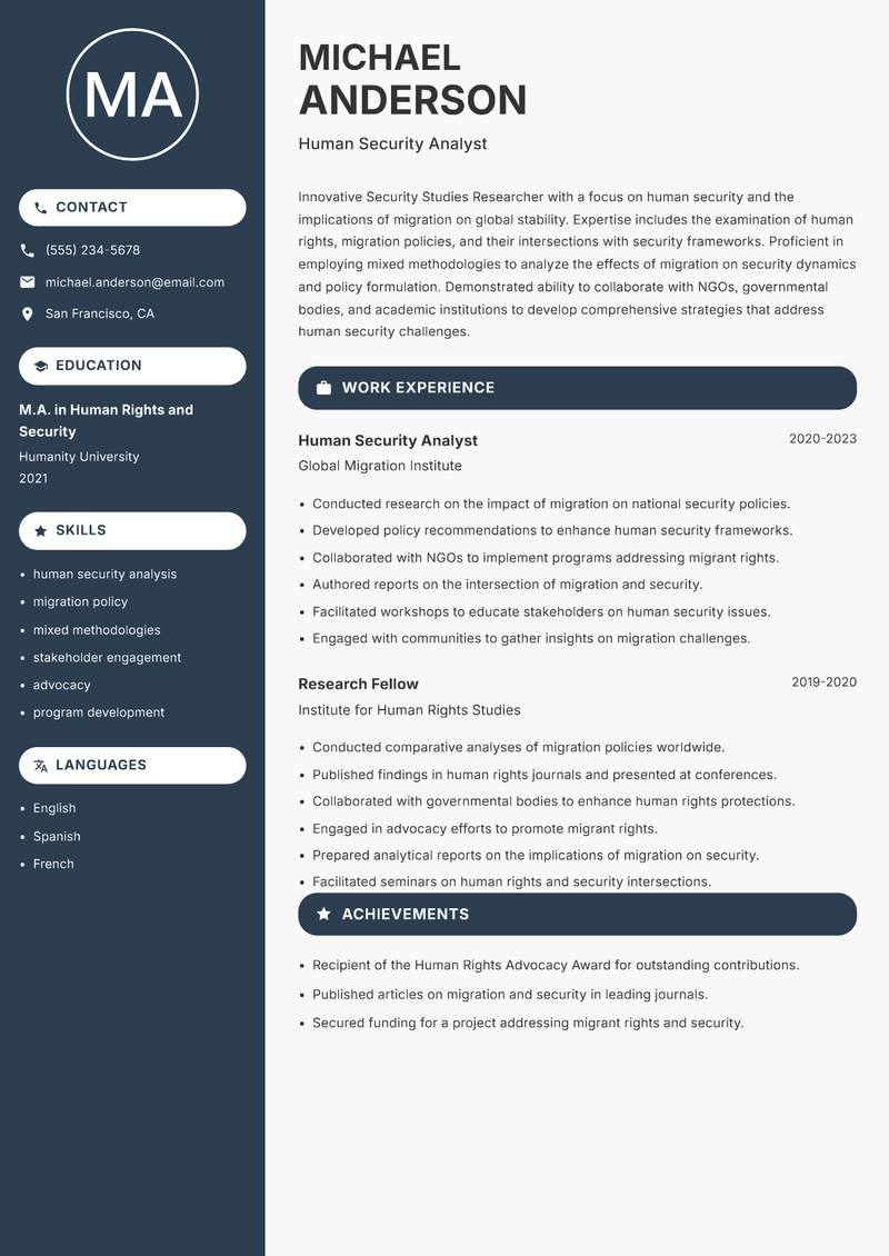 Security Studies Researcher resume sample — Human Security Analyst focus