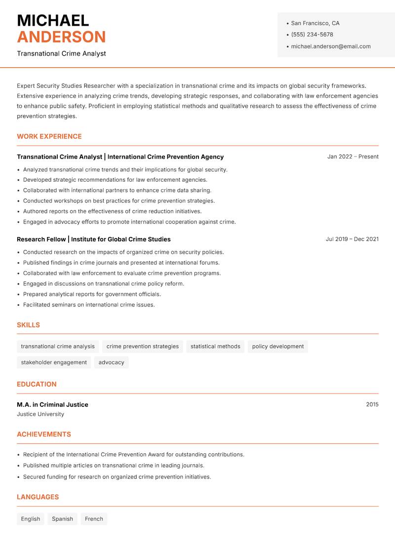 Security Studies Researcher resume sample — Transnational Crime Analyst focus