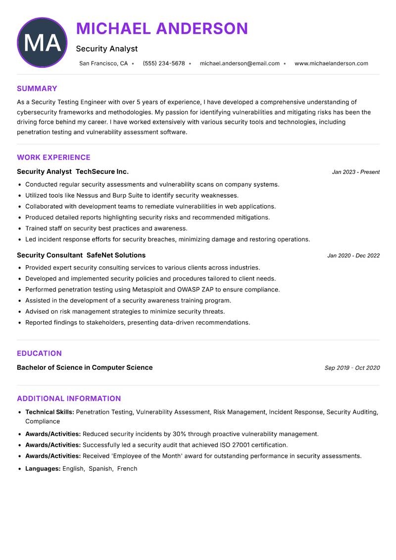 Security Testing Engineer resume example
