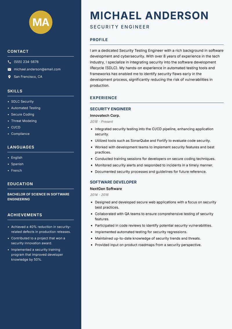 Security Testing Engineer resume sample — Security Engineer focus