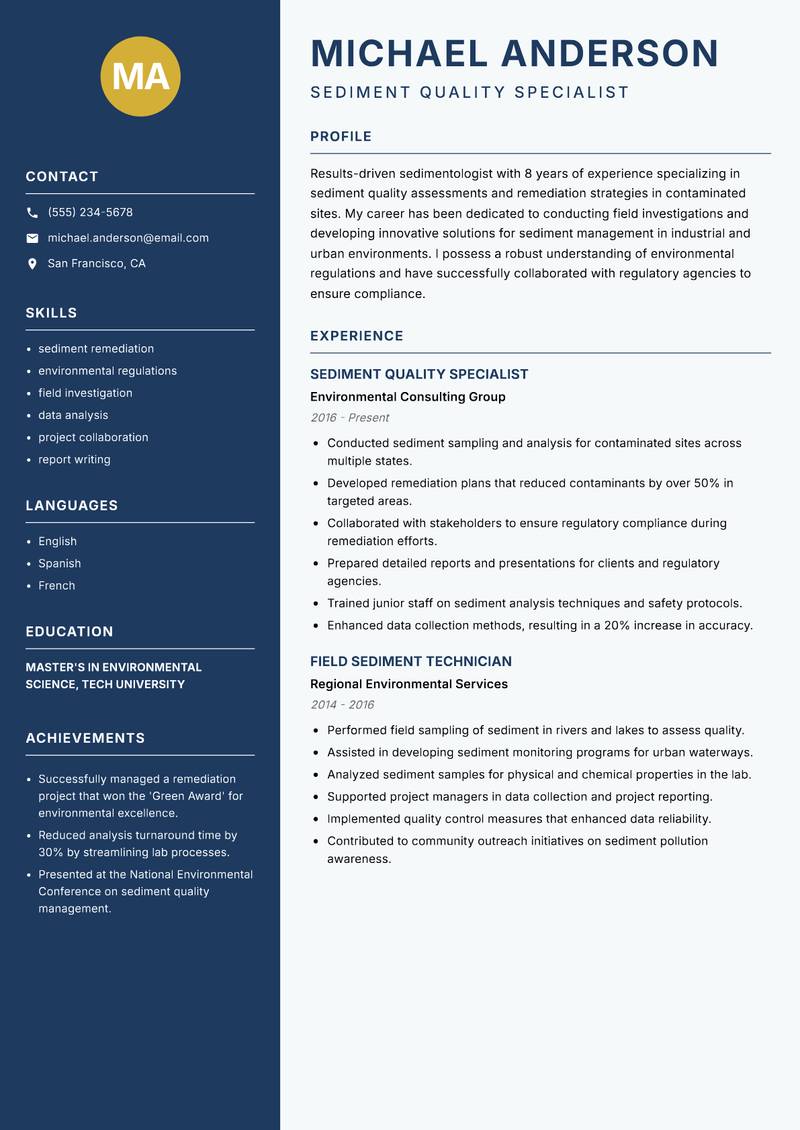 Sedimentologist resume sample — Sediment Quality Specialist focus