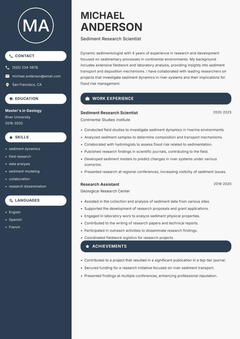 Sedimentologist resume sample — Sediment Research Scientist focus