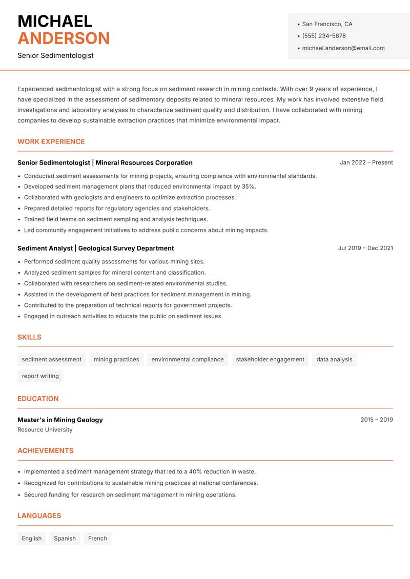 Sedimentologist resume sample — Senior Sedimentologist focus