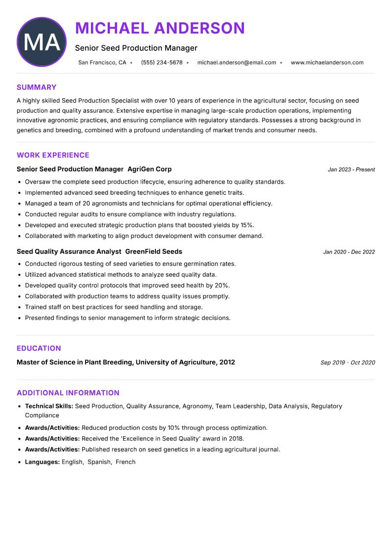 Seed Production Specialist resume example