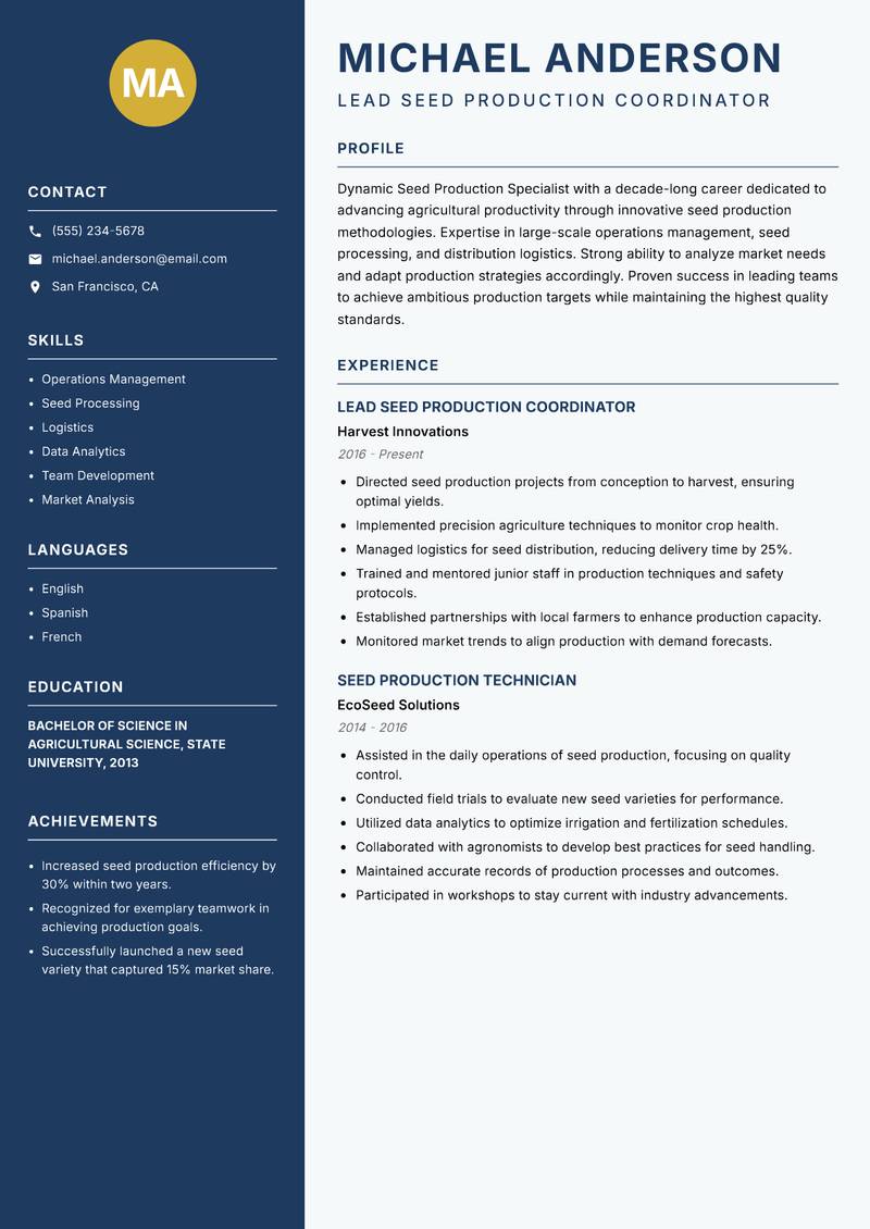 Seed Production Specialist resume sample — Lead Seed Production Coordinator focus