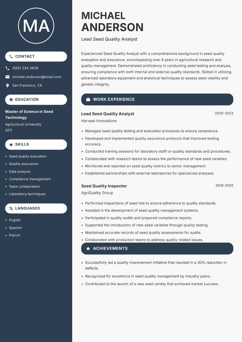 Seed Quality Analyst resume sample — Lead Seed Quality Analyst focus