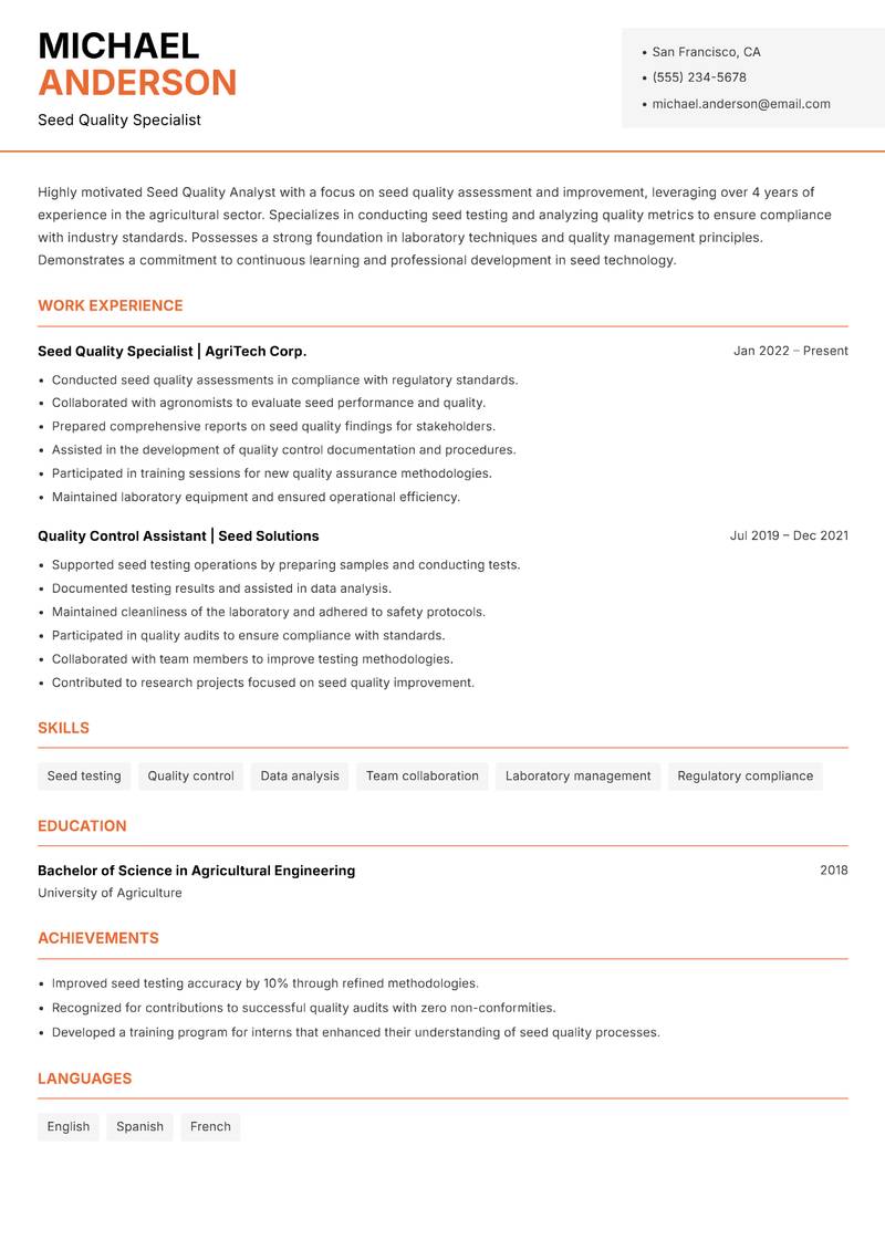 Seed Quality Analyst resume sample — Seed Quality Specialist focus