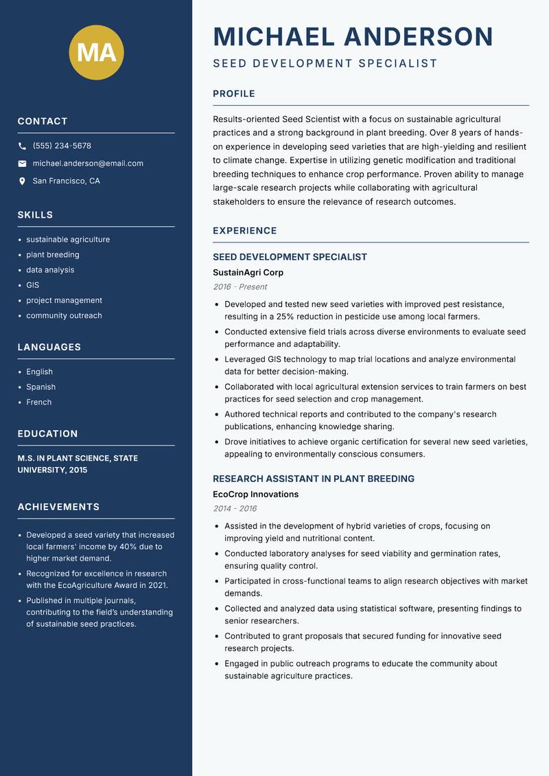 Seed Scientist resume sample — Seed Development Specialist focus