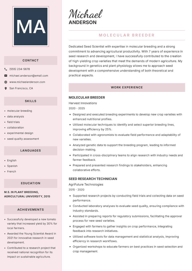 Seed Scientist resume sample — Molecular Breeder focus