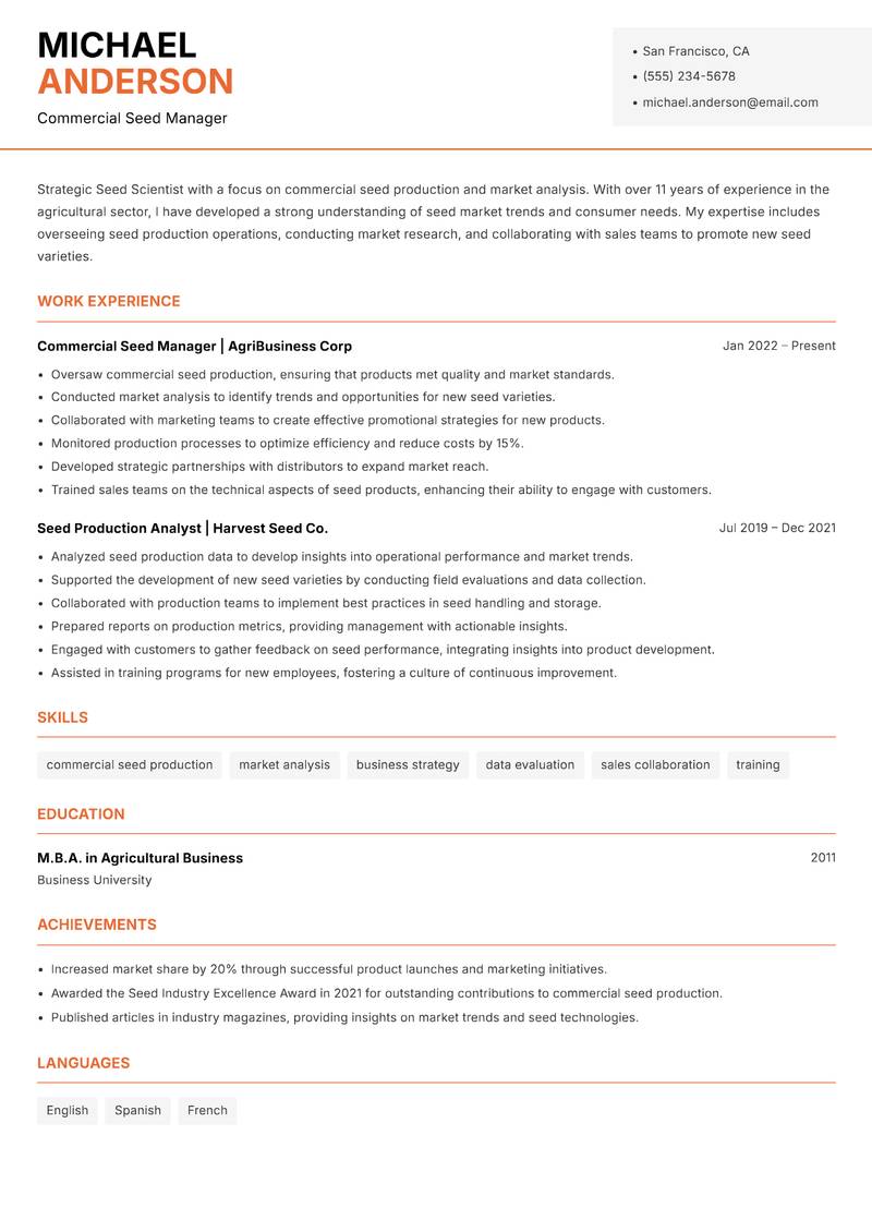 Seed Scientist resume sample — Commercial Seed Manager focus