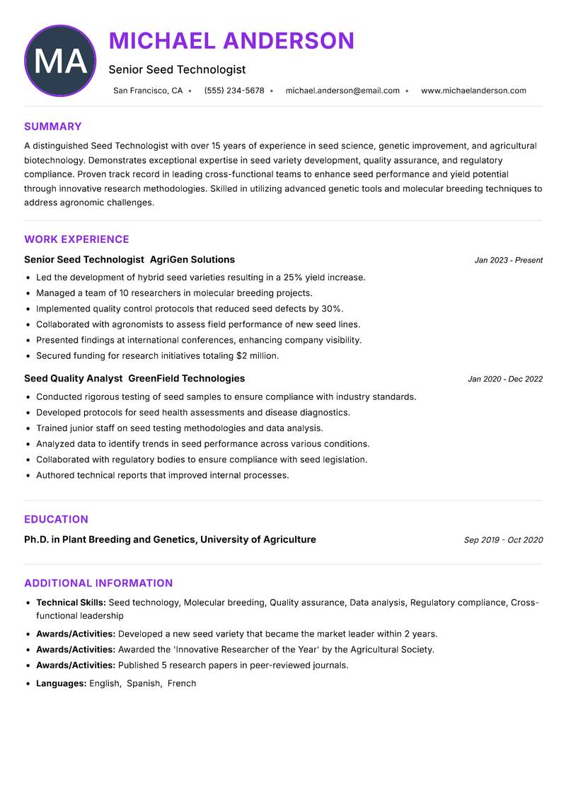 Seed Technologist resume example