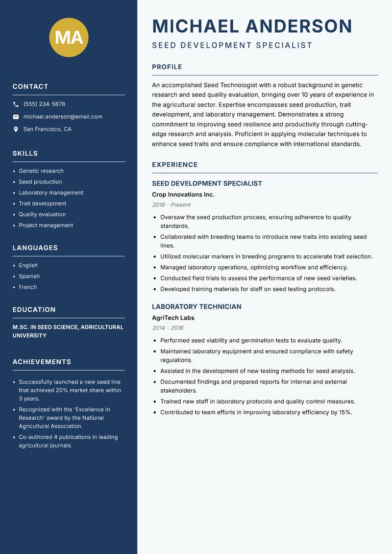 Seed Technologist resume sample — Seed Development Specialist focus