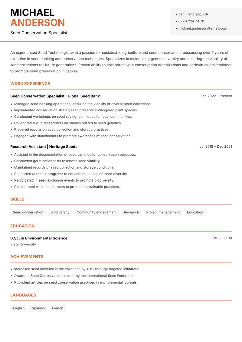 Seed Technologist resume sample — Seed Conservation Specialist focus