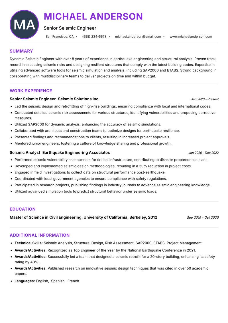 Seismic Engineer resume example