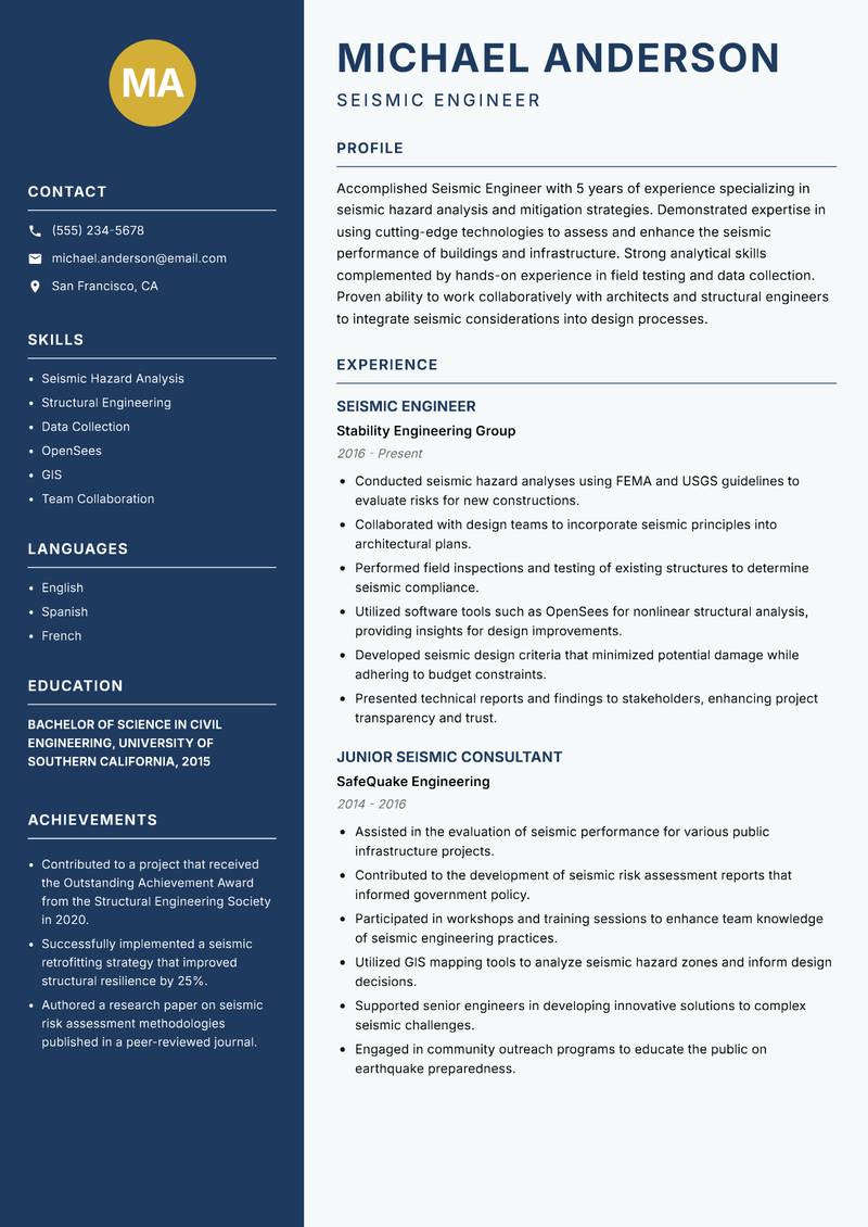 Seismic Engineer resume sample — Seismic Engineer focus