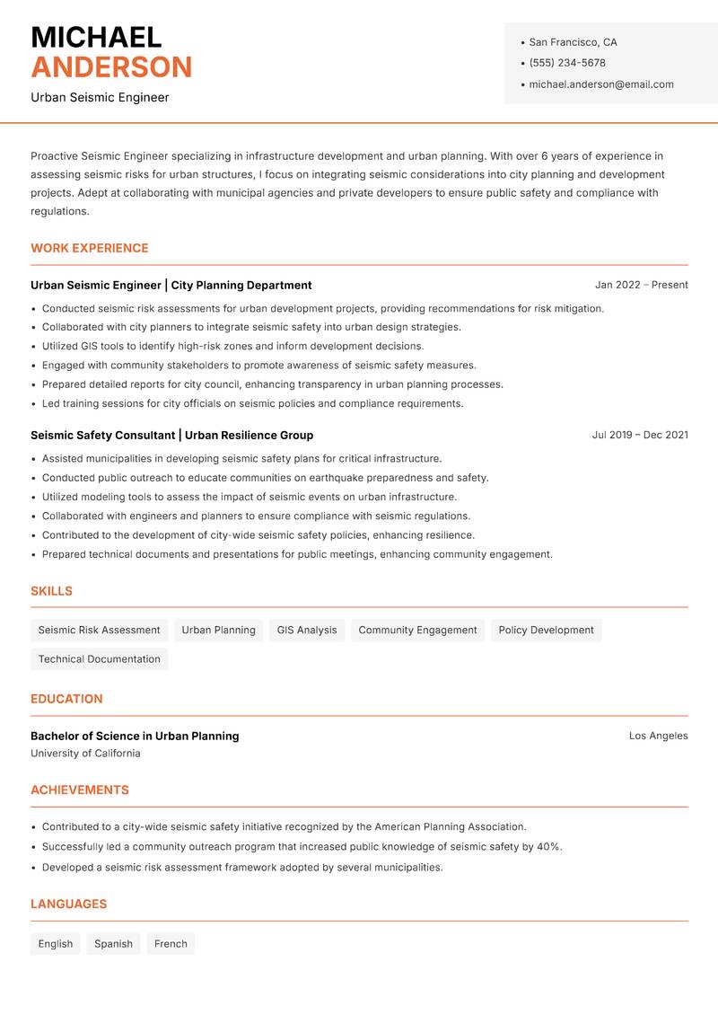Seismic Engineer resume sample — Urban Seismic Engineer focus