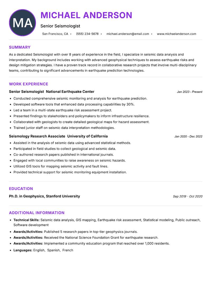 Seismologist resume example