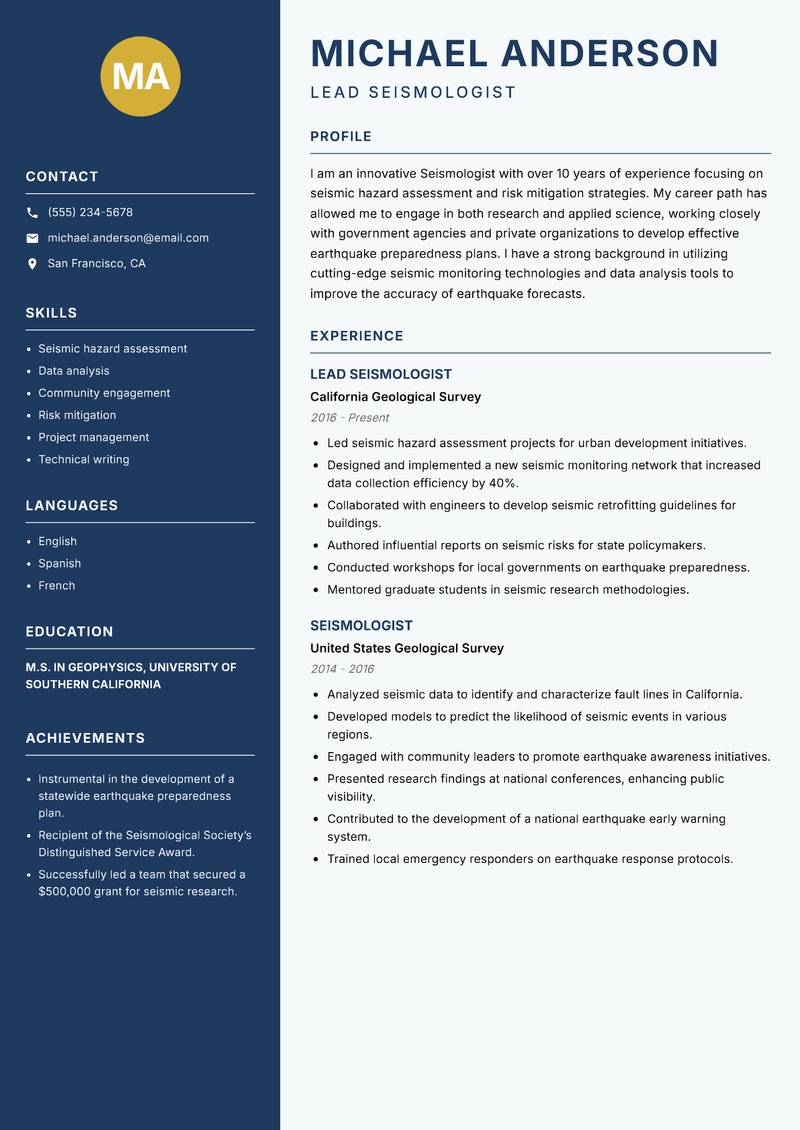 Seismologist resume sample — Lead Seismologist focus