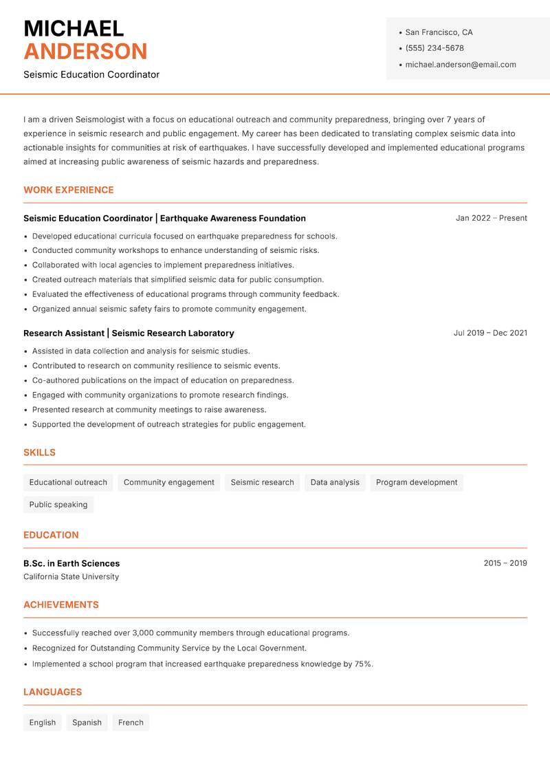 Seismologist resume sample — Seismic Education Coordinator focus