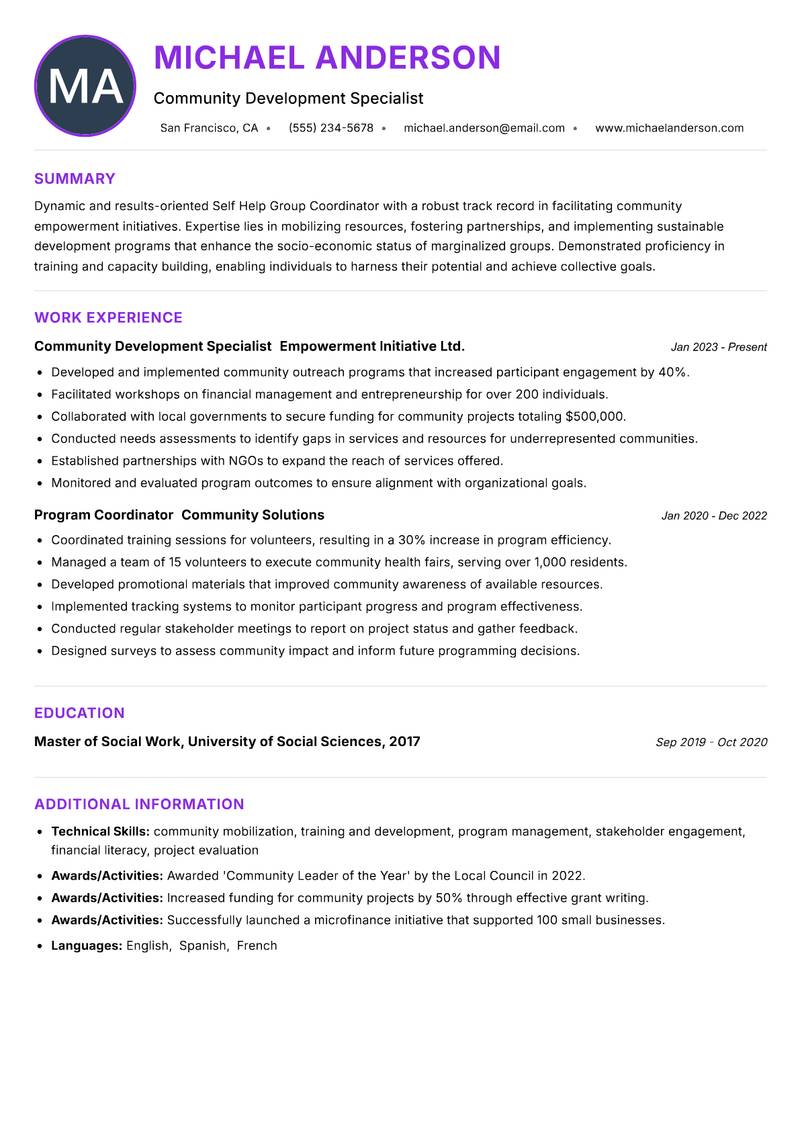 Self Help Group Coordinator resume example