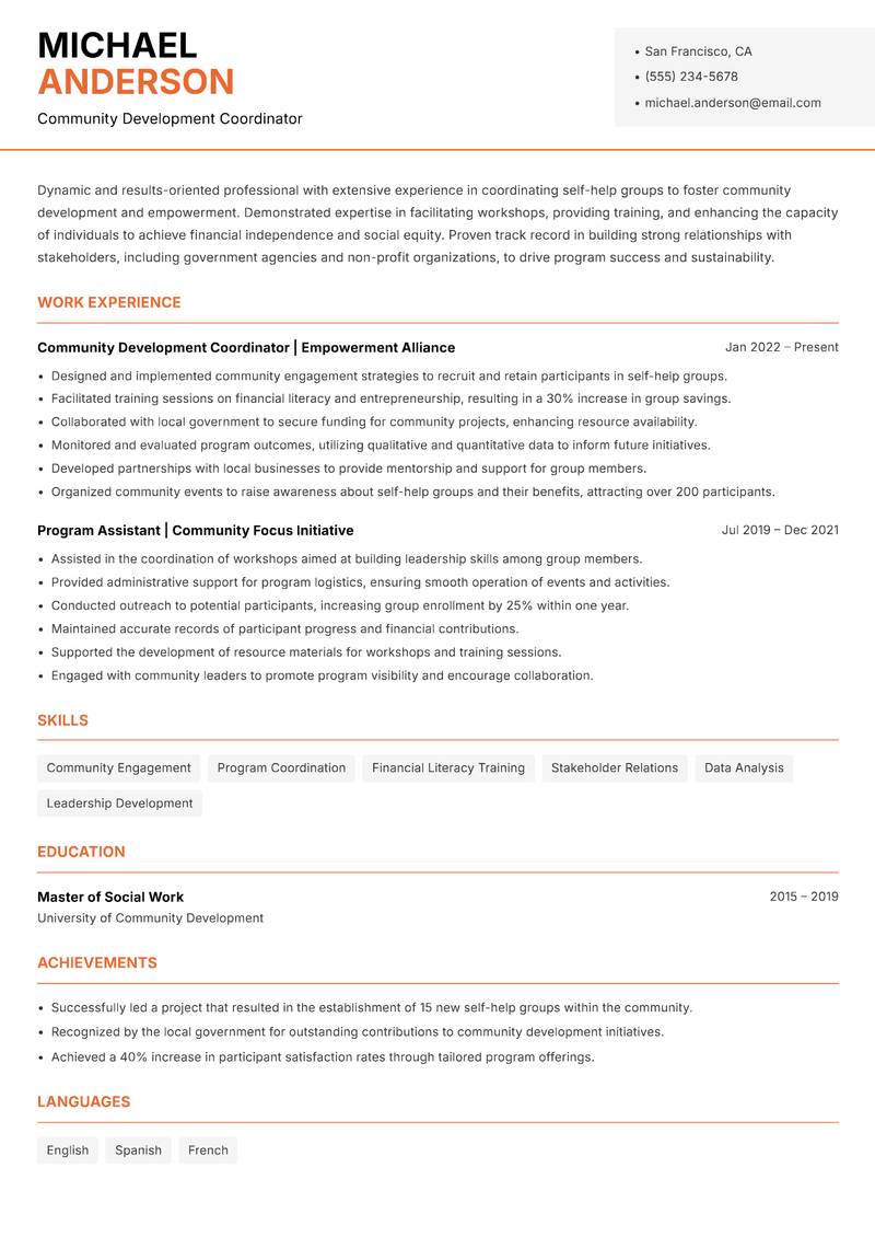Self Help Group Coordinator resume sample — Community Development Coordinator focus