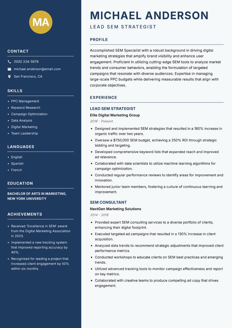 SEM Specialist resume sample — Lead SEM Strategist focus