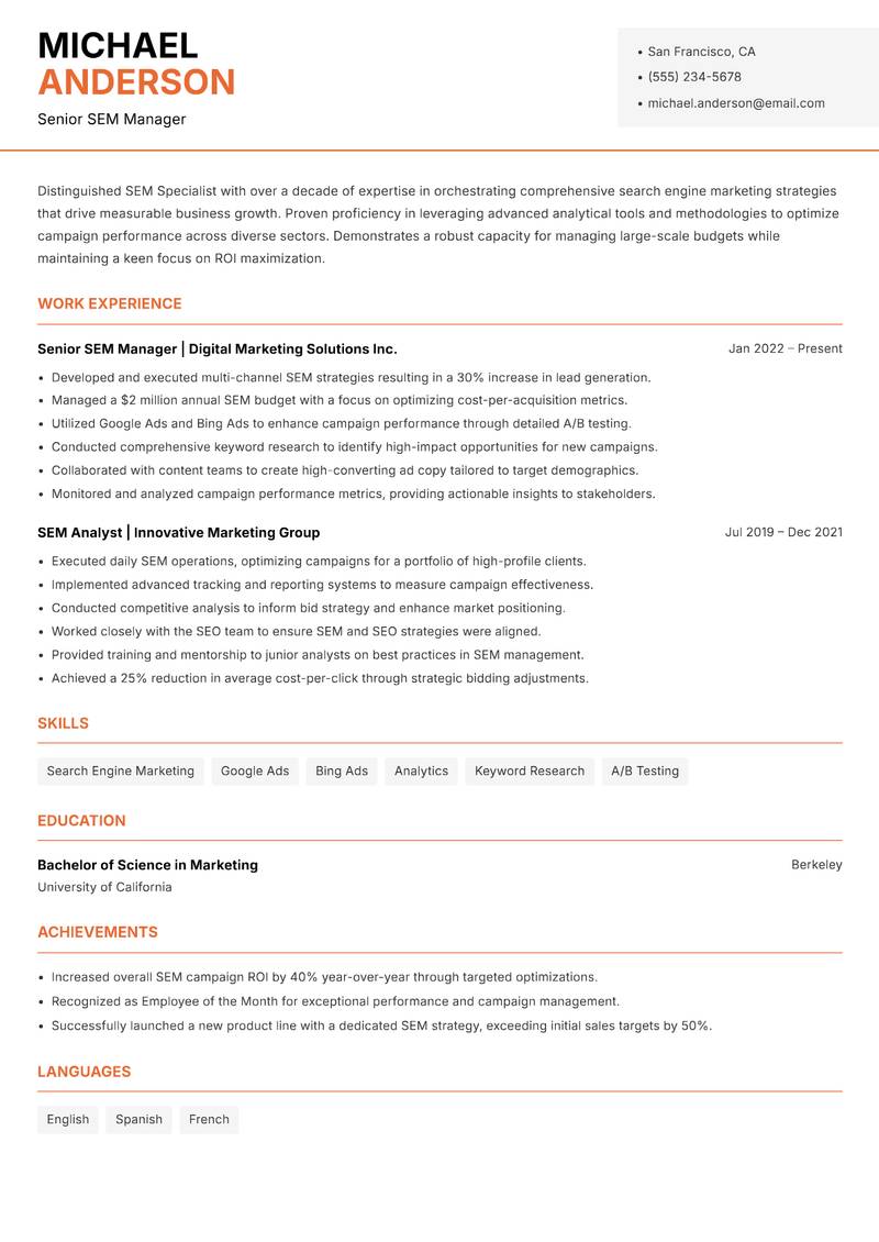 SEM Specialist resume sample — Senior SEM Manager focus