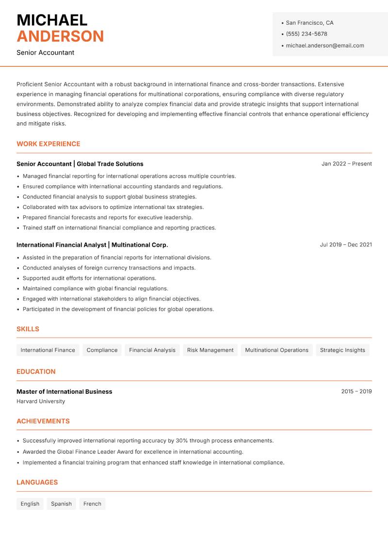 Senior Accountant resume sample — Senior Accountant focus
