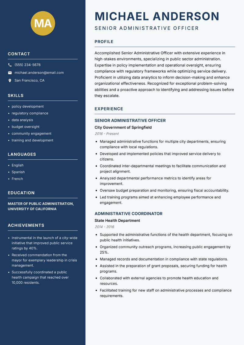 Senior Administrative Officer resume sample — Senior Administrative Officer focus