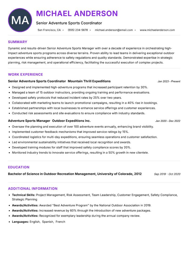 Senior Adventure Sports Manager resume example