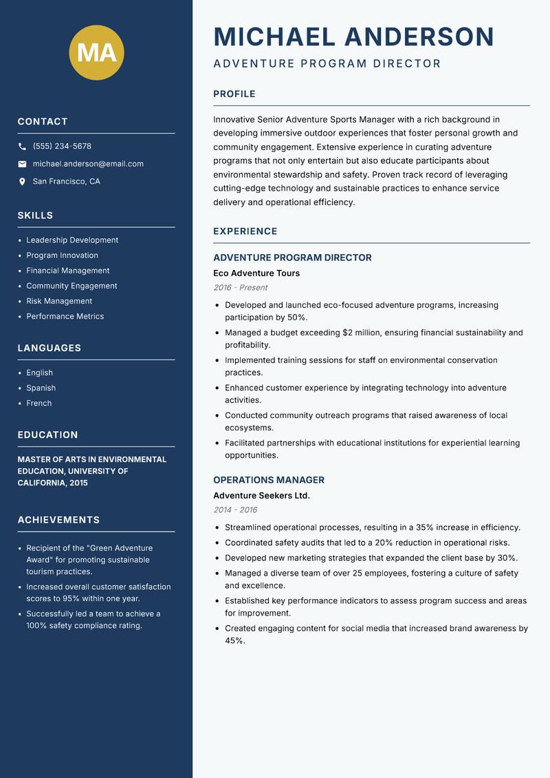 Senior Adventure Sports Manager resume sample — Adventure Program Director focus