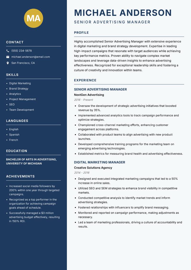 Senior Advertising Manager resume sample — Senior Advertising Manager focus