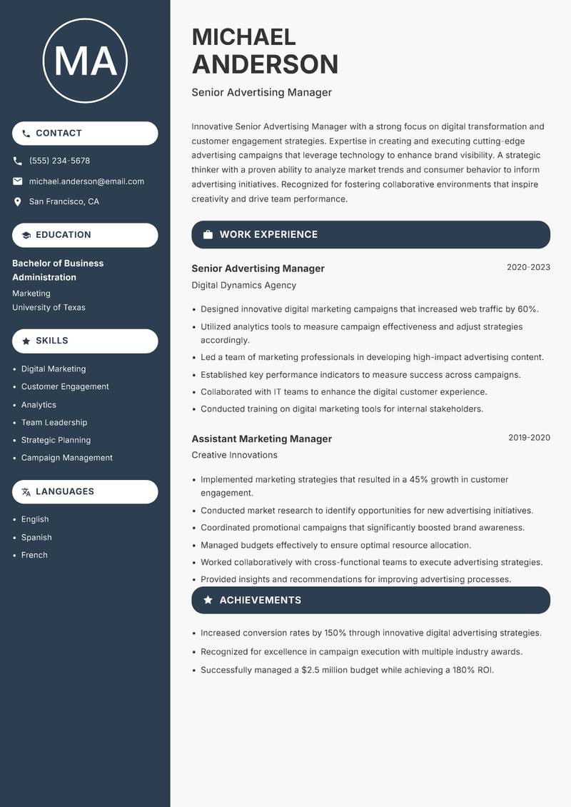 Senior Advertising Manager resume sample — Senior Advertising Manager focus