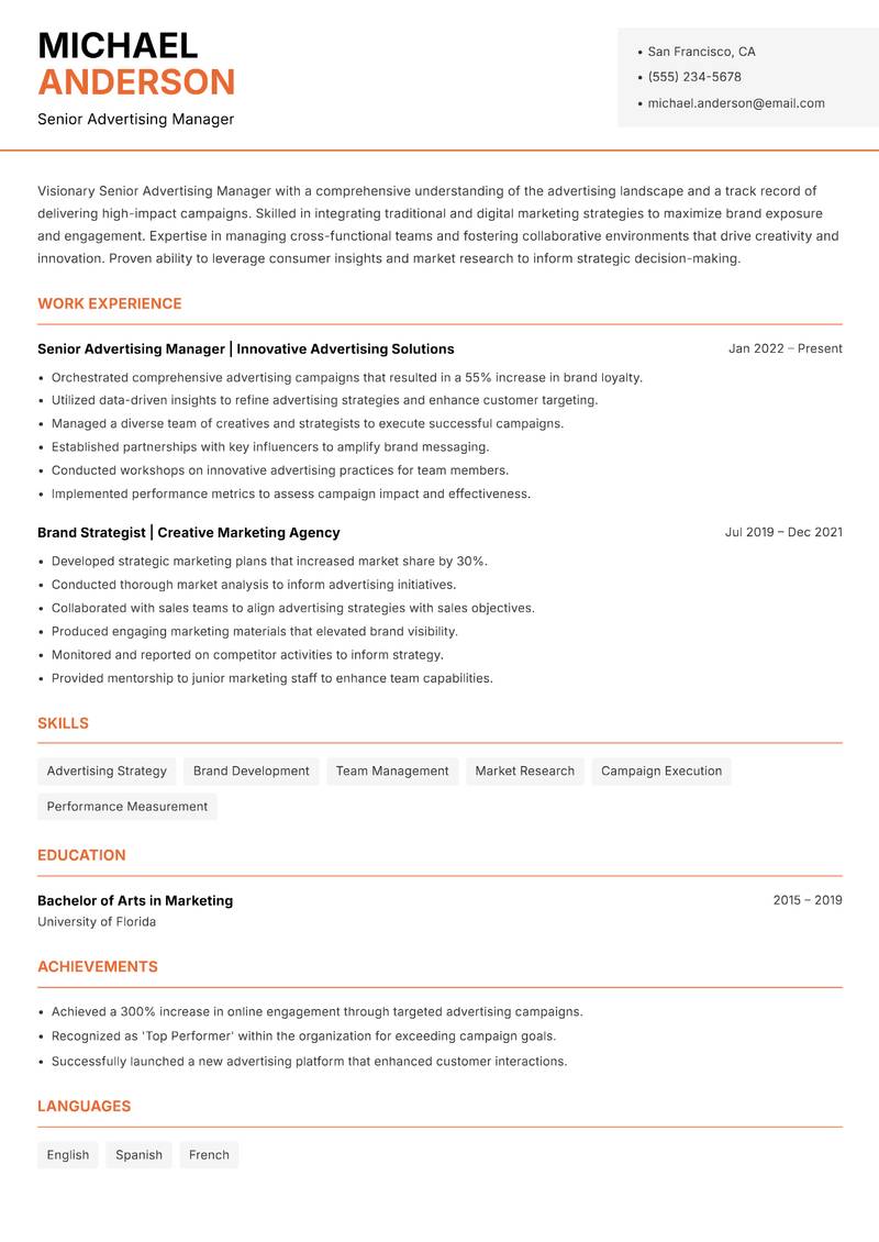 Senior Advertising Manager resume sample — Senior Advertising Manager focus