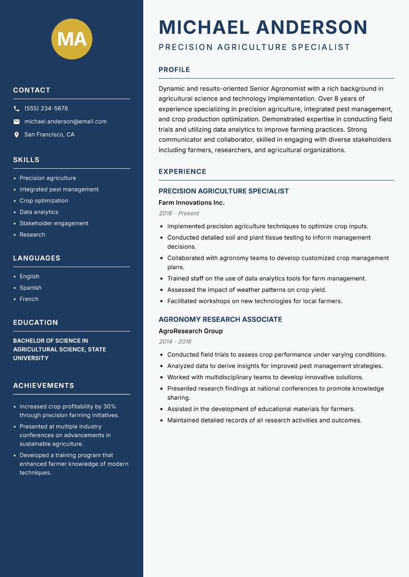 Senior Agronomist resume sample — Precision Agriculture Specialist focus