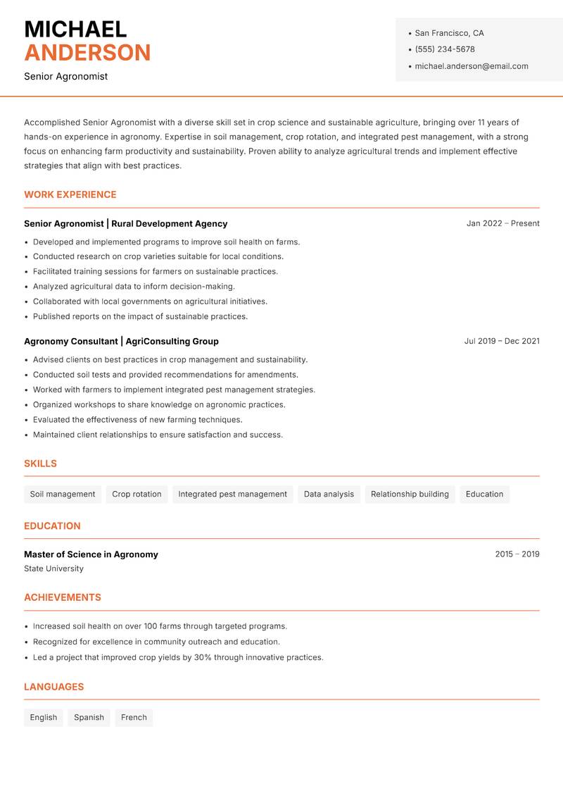 Senior Agronomist resume sample — Senior Agronomist focus