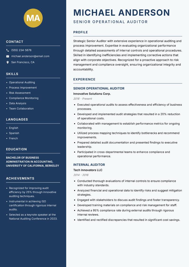 Senior Auditor resume sample — Senior Operational Auditor focus