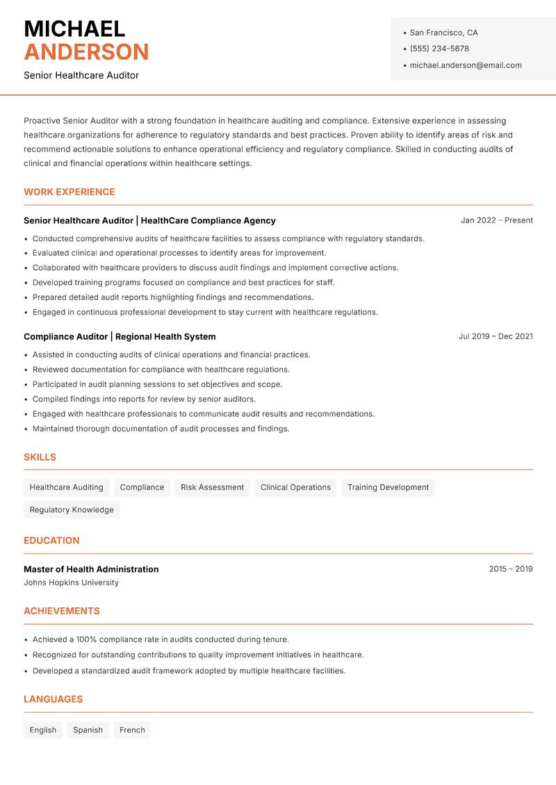 Senior Auditor resume sample — Senior Healthcare Auditor focus