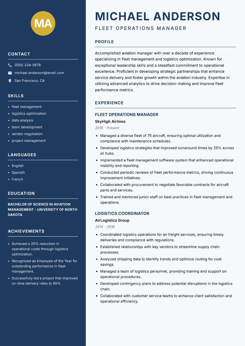 Senior Aviation Manager resume sample — Fleet Operations Manager focus