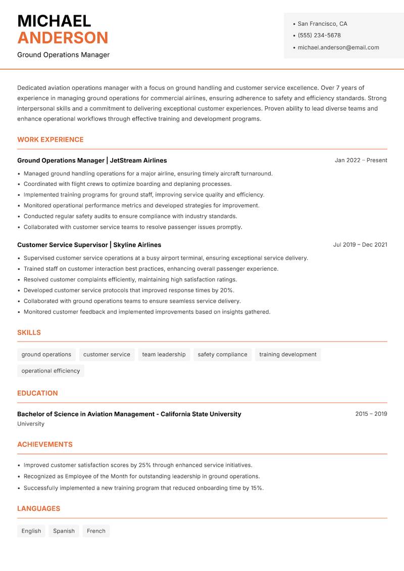 Senior Aviation Manager resume sample — Ground Operations Manager focus