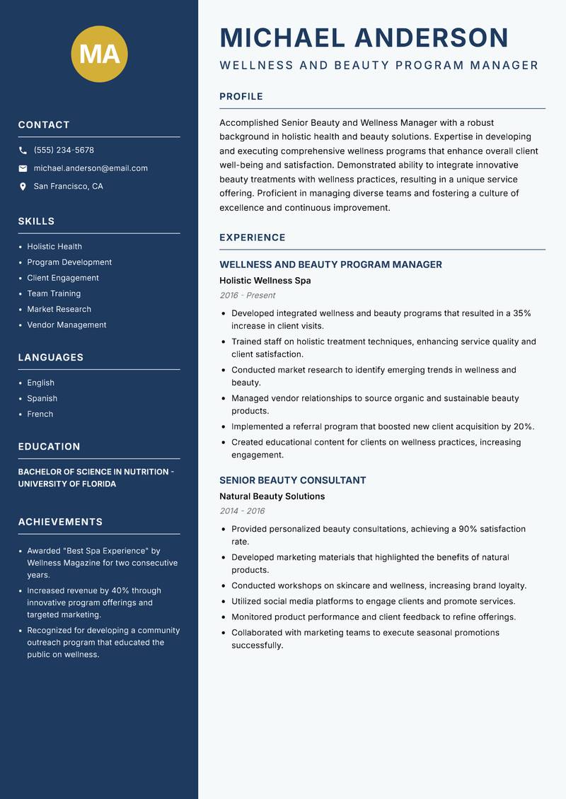 Senior Beauty and Wellness Manager resume sample — Wellness and Beauty Program Manager focus