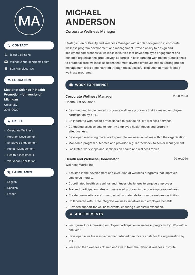 Senior Beauty and Wellness Manager resume sample — Corporate Wellness Manager focus