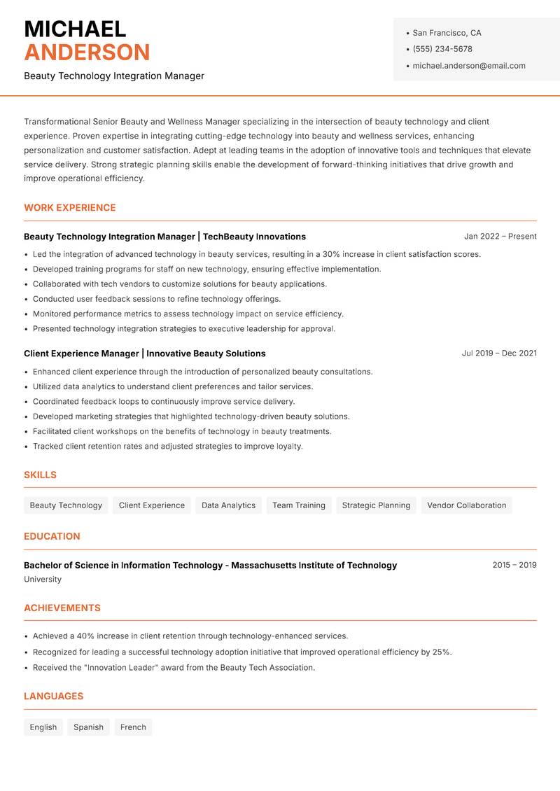 Senior Beauty and Wellness Manager resume sample — Beauty Technology Integration Manager focus
