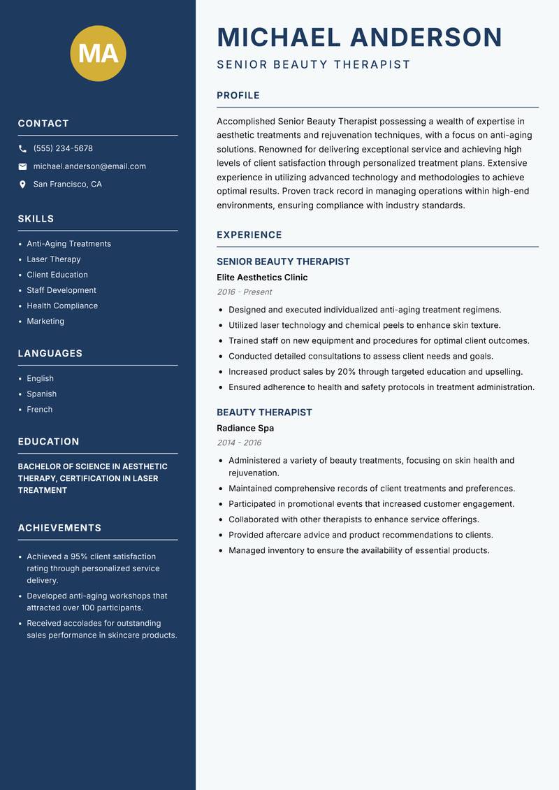 Senior Beauty Therapist resume sample — Senior Beauty Therapist focus