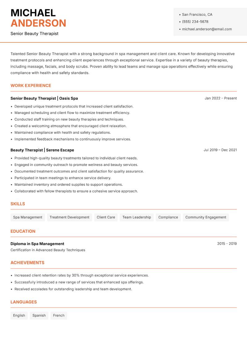Senior Beauty Therapist resume sample — Senior Beauty Therapist focus