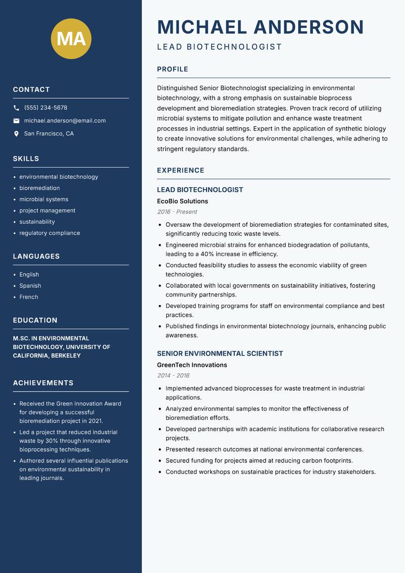 Senior Biotechnologist resume sample — Lead Biotechnologist focus